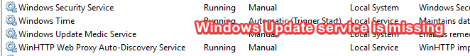 служба обновления Windows отсутствует в списке